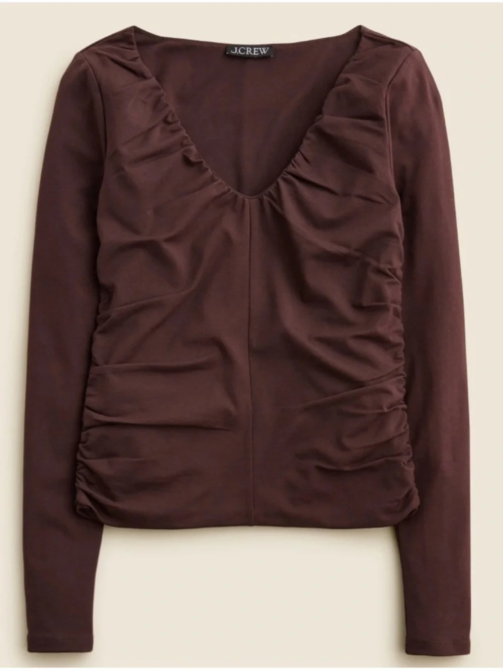 J CREW Stretch Cotton Blend Ruched V Neck Top Cocoa Berry Brown Minimalist 2X